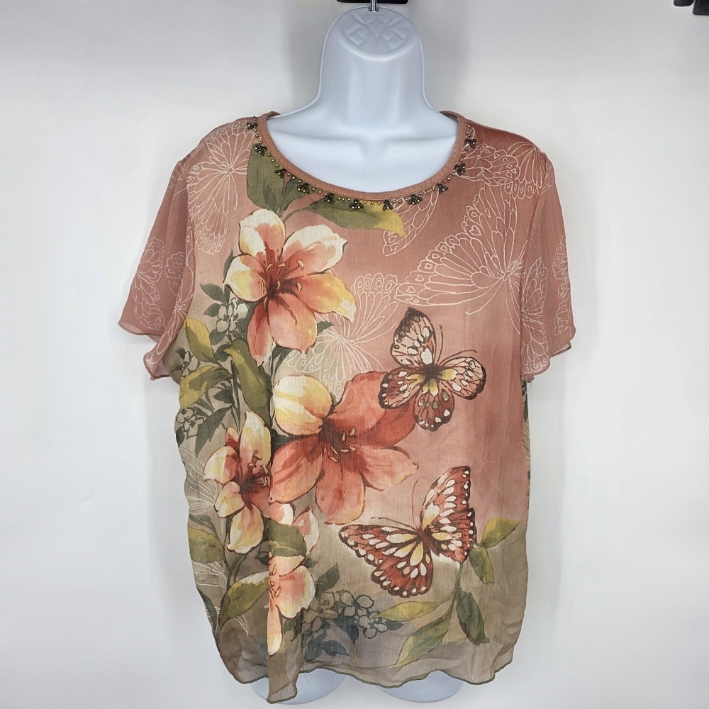 Alfred Dunner Women’s Medium Floral Butterfly Mesh Top Beaded Embellished Shirt